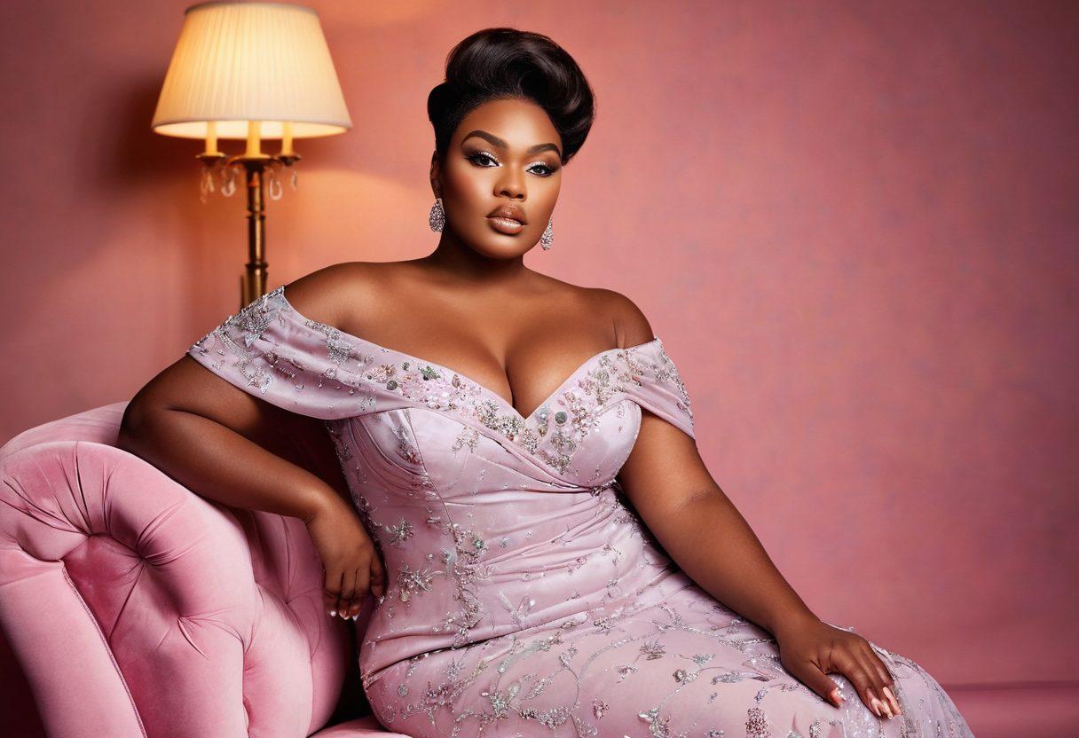 A stunning plus-size model confidently poses in an elegant setting, adorned in luxurious fabric that highlights her curves. Soft, dramatic lighting accentuates her features, creating a mix of empowerment and sensuality. The background is a tasteful blend of pastel colors, emphasizing body positivity. The overall mood should evoke confidence and celebration of diverse beauty. super-realistic. vibrant colors. soft lighting.