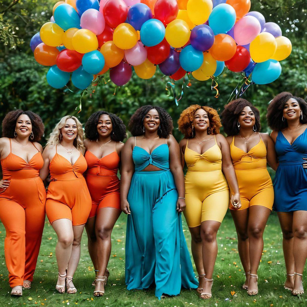 A diverse group of body-positive individuals confidently celebrating their curves while enjoying a vibrant outdoor setting. The scene features varied skin tones, body shapes, and styles of clothing, exuding joy and empowerment. Bright balloons and confetti rain down, symbolizing celebration and acceptance. The background has a sunny park atmosphere with lush greenery. bold colors and uplifting vibes. super-realistic. vibrant colors. 3D.